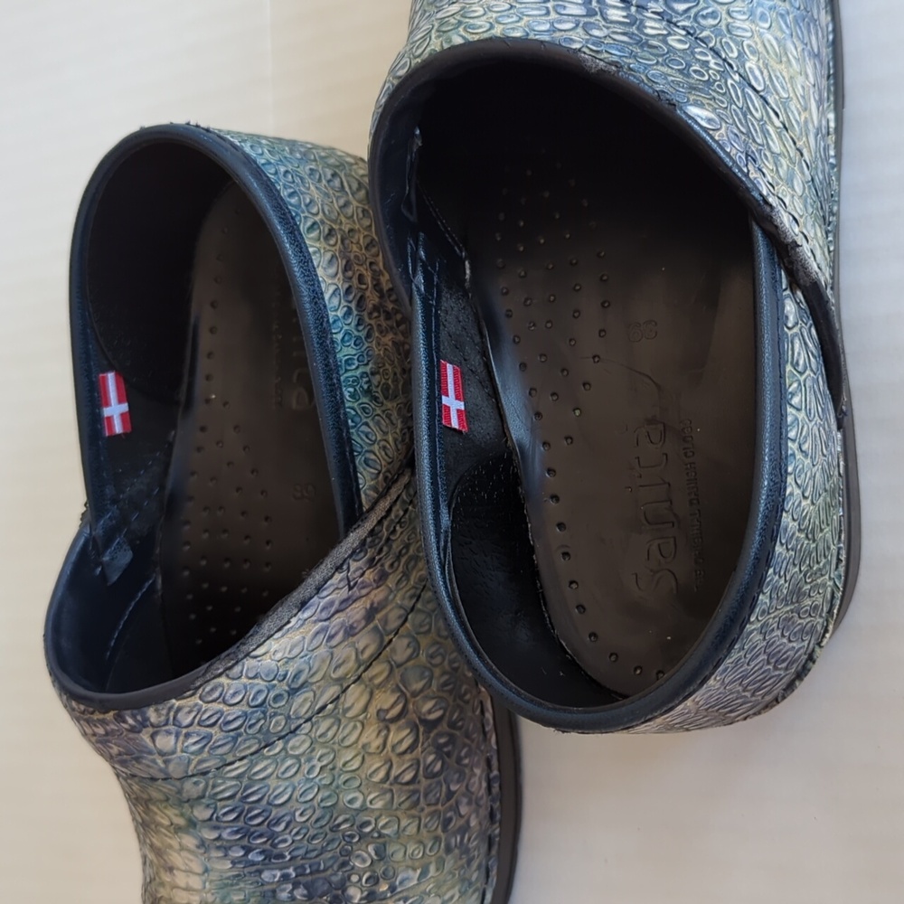 Sanita Reptile Embossed Leather Slip On Clogs EU 39 Blue Green - Picture 7 of 16